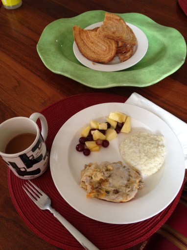 Homemade brunch - Martha's breakfast casserole, fresh fruit, angel wings and "Georgia Ice Cream" - AKA grits.