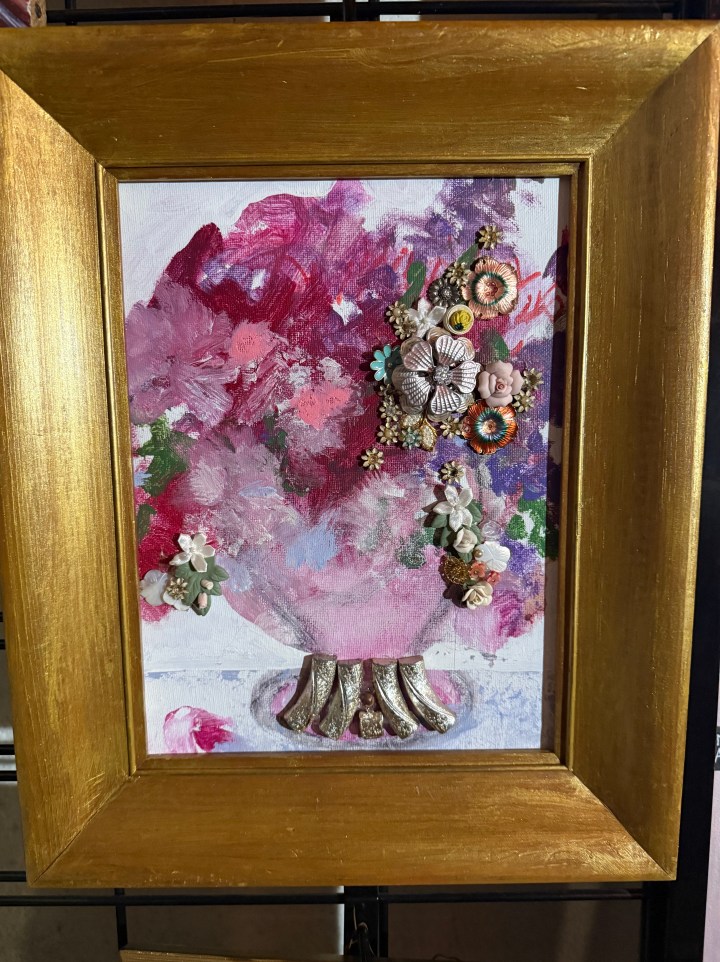 Flower painting with gold frame micxed media art
